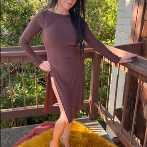 Dress-Brown dress w/side slits & low back, build in leotard, medium